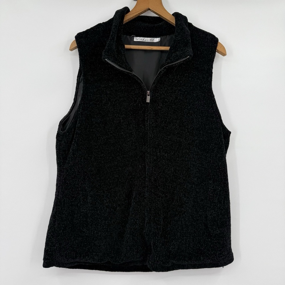 Lulu B Vest Womens Large Black Fuzzy Textured Knit Zip Front Soft Capsule Casual